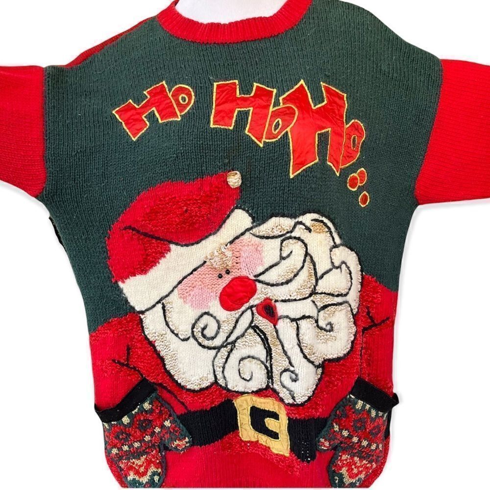 Vintage hand knit Holiday Santa cotton angora ugly sweater Large